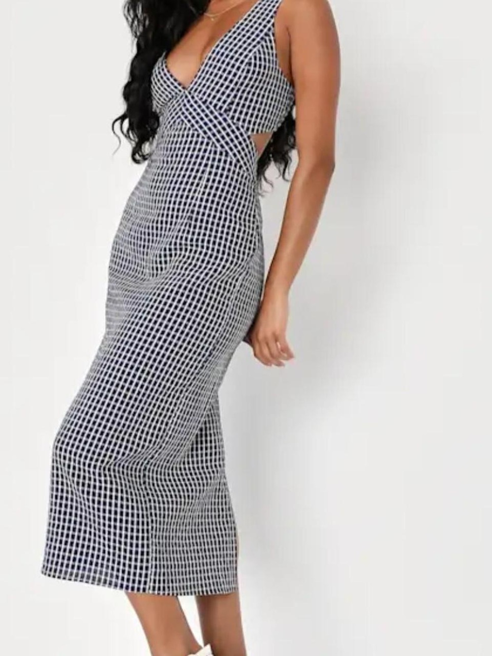 Charming Inspiration Navy Blue Gingham Backless Midi Dress